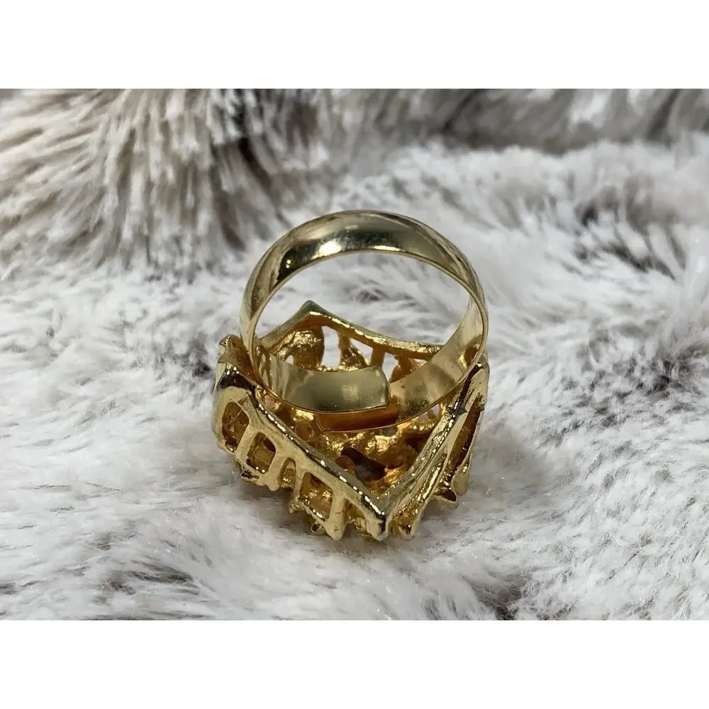 Vtg Jewelry By Linda Stella Gold Plated Cocktail Ring Insect Bee Leaves Sz 6.5